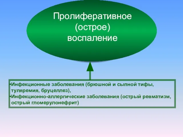 Пролиферативное (острое) воспаление Инфекционные заболевания (брюшной и сыпной тифы, туляремия, бруцеллез),