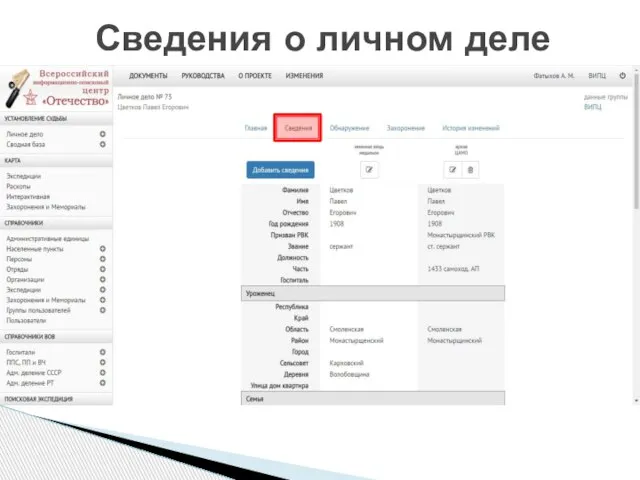 Сведения о личном деле