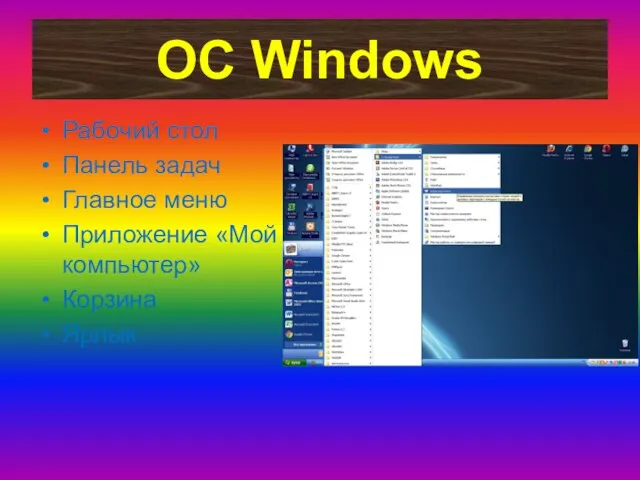 ОС Windows Рабочий стол Панель задач Главное меню Приложение «Мой компьютер» Корзина Ярлык