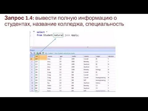 Запрос 1.4: вывести полную информацию о студентах, название колледжа, специальность