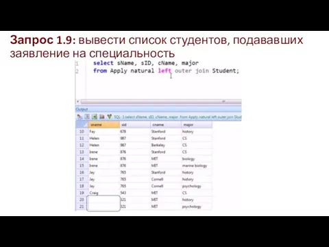 Запрос 1.9: вывести список студентов, подававших заявление на специальность