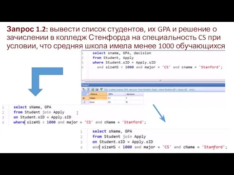 Запрос 1.2: вывести список студентов, их GPA и решение о зачислении