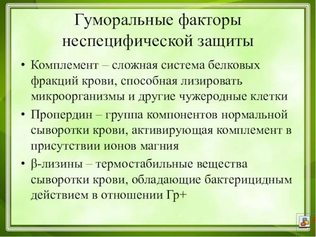 Гуморальные факторы неспецифической защиты Комплемент – сложная система белковых фракций крови,