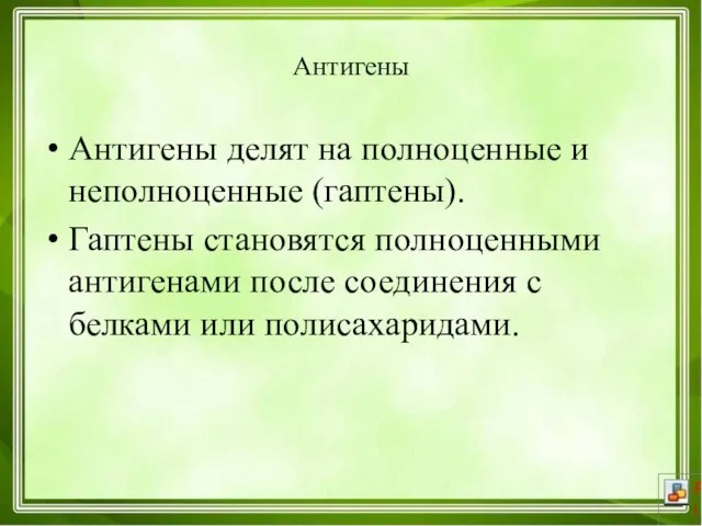 Антигены Антигены делят на полноценные и неполноценные (гаптены). Гаптены становятся полноценными