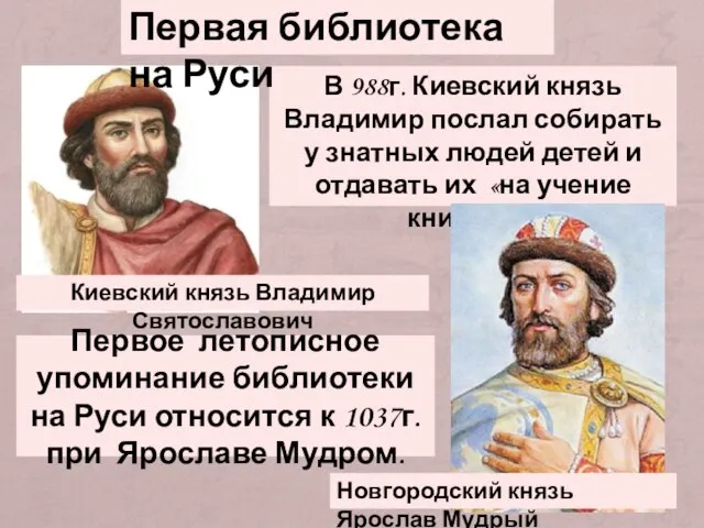 В 988г. Киевский князь Владимир послал собирать у знатных людей детей