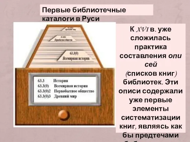 Первые библиотечные каталоги в Руси К XVI в. уже сложилась практика