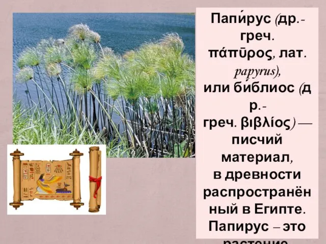 Папи́рус (др.-греч. πάπῡρος, лат. papyrus), или би́блиос (др.-греч. βιβλίος) — писчий