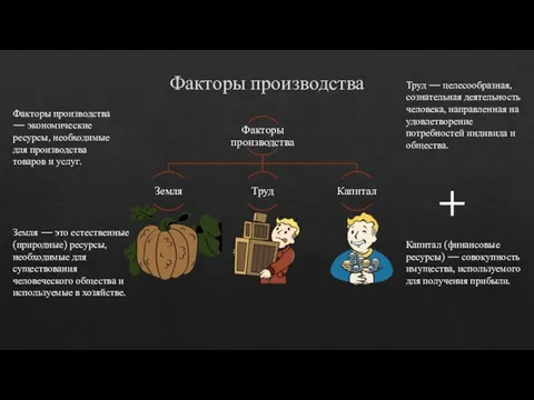 Факторы производства + Факторы производства — экономические ресурсы, необходимые для производства