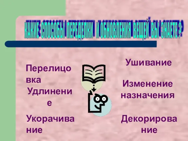 КАКИЕ СПОСОБЫ ПЕРЕДЕЛКИ И ОБНОВЛЕНИЯ ВЕЩЕЙ ВЫ ЗНАЕТЕ ? Перелицовка Удлинение Укорачивание Ушивание Изменение назначения Декорирование