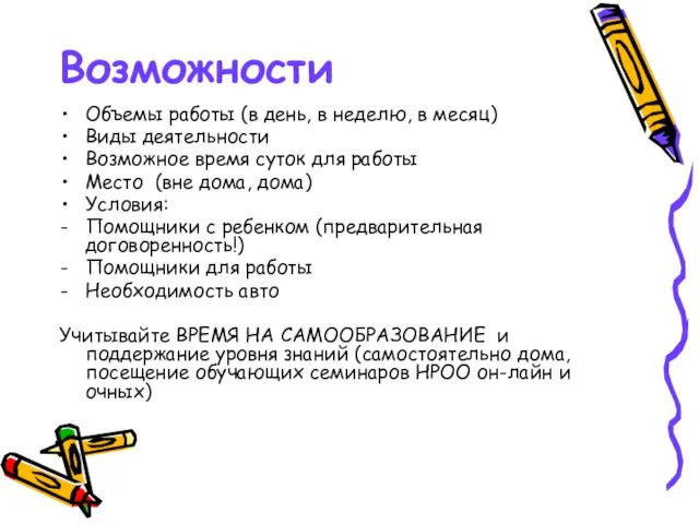 Возможности Объемы работы (в день, в неделю, в месяц) Виды деятельности