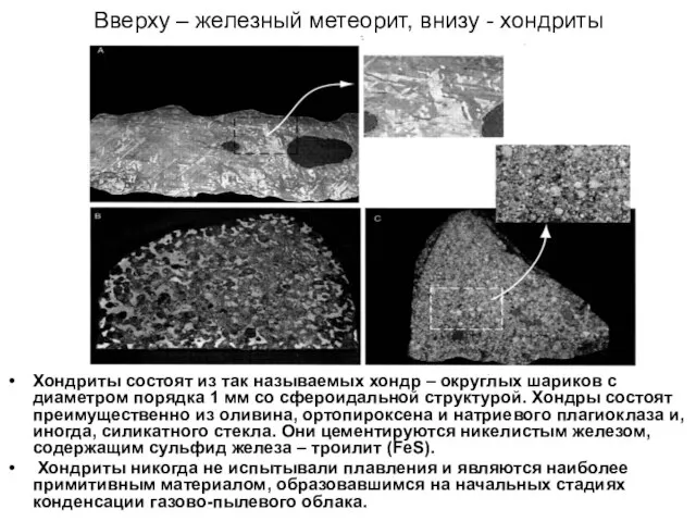 Вверху – железный метеорит, внизу - хондриты Хондриты состоят из так