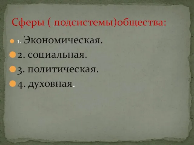 1. Экономическая. 2. социальная. 3. политическая. 4. духовная. Сферы ( подсистемы)общества: