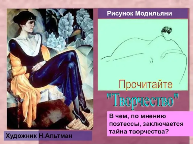 Рисунок Модильяни Художник Н.Альтман Прочитайте "Творчество" В чем, по мнению поэтессы, заключается тайна творчества?