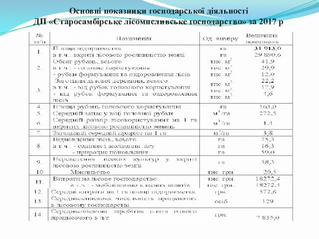 Основні показники господарської діяльності ДП «Старосамбірське лісомисливське господарство» за 2017 р