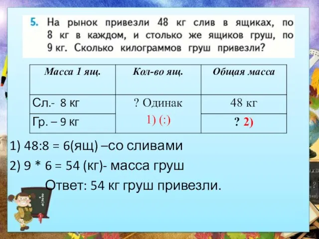 1) 48:8 = 6(ящ) –со сливами 2) 9 * 6 =