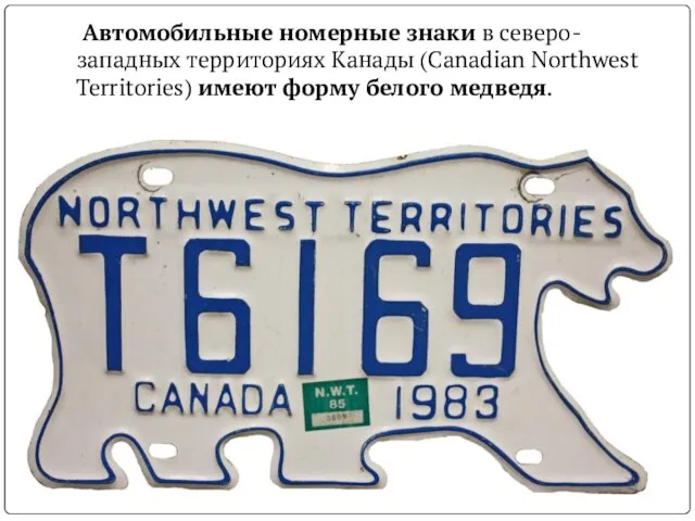 Автомобильные номерные знаки в северо-западных территориях Канады (Canadian Northwest Territories) имеют форму белого медведя.