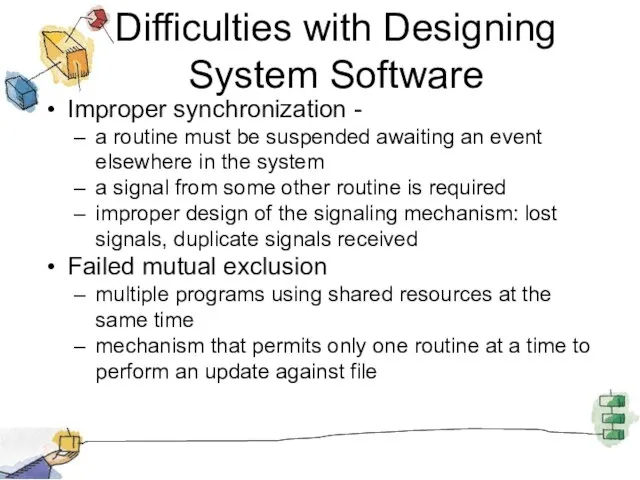 Difficulties with Designing System Software Improper synchronization - a routine must