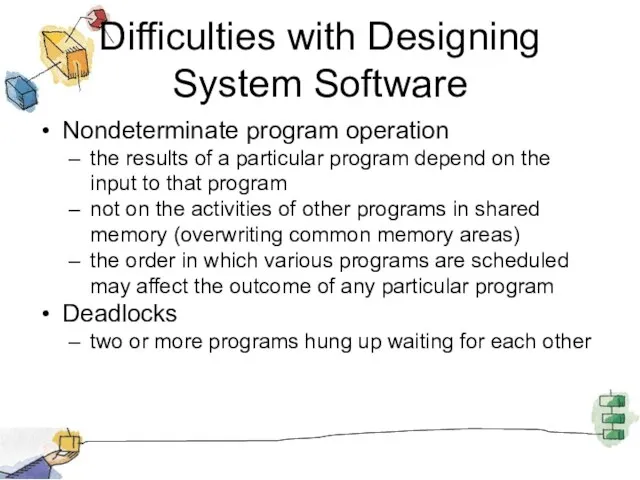 Difficulties with Designing System Software Nondeterminate program operation the results of