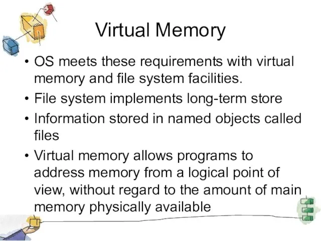 Virtual Memory OS meets these requirements with virtual memory and file