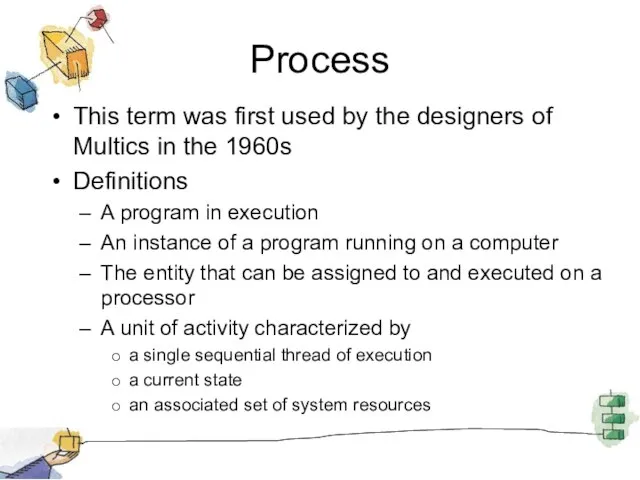 Process This term was first used by the designers of Multics