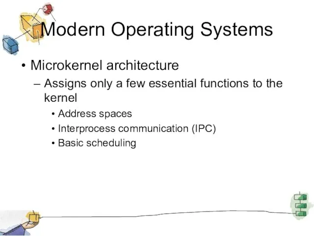 Modern Operating Systems Microkernel architecture Assigns only a few essential functions