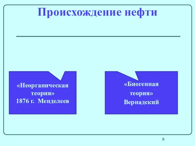 Происхождение нефти «Неорганическая теория» 1876 г. Менделеев «Биогенная теория» Вернадский