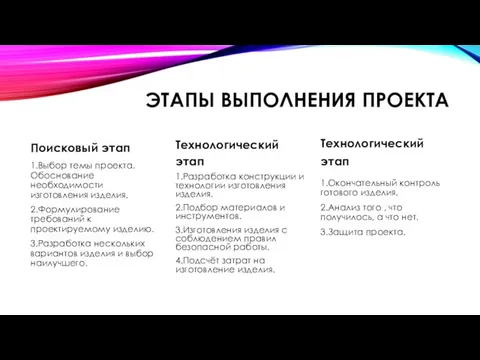 ЭТАПЫ ВЫПОЛНЕНИЯ ПРОЕКТА Поисковый этап 1.Выбор темы проекта. Обоснование необходимости изготовления