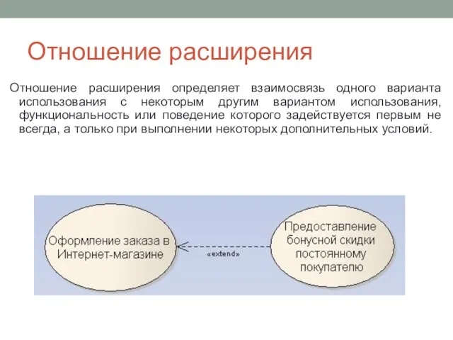 Отношение расширения Отношение расширения определяет взаимосвязь одного варианта использования с некоторым