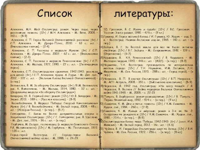 Список литературы: Алексеев, М.Н. Мой Сталинград: роман. Через годы, через расстояния: