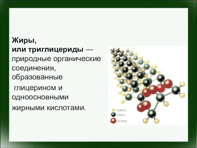 Жиры, или триглицериды — природные органические соединения, образованные глицерином и одноосновными жирными кислотами.