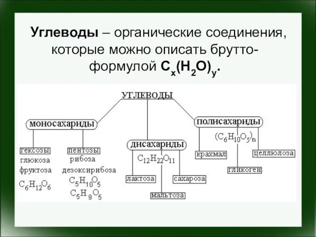 Углеводы – органические соединения, которые можно описать брутто-формулой Cx(H2O)y.