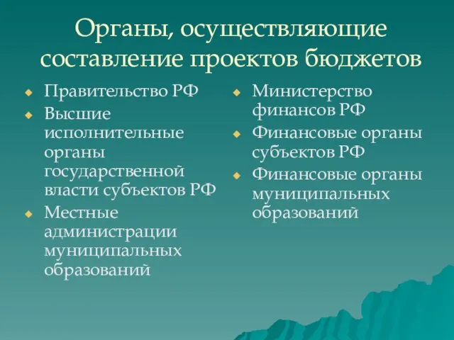 Органы, осуществляющие составление проектов бюджетов Правительство РФ Высшие исполнительные органы государственной