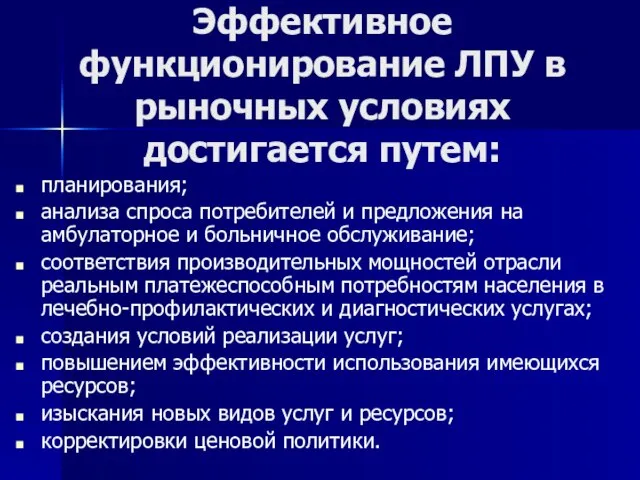 Эффективное функционирование ЛПУ в рыночных условиях достигается путем: планирования; анализа спроса