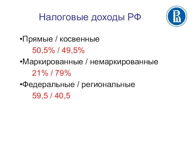 Налоговые доходы РФ Прямые / косвенные 50,5% / 49,5% Маркированные /