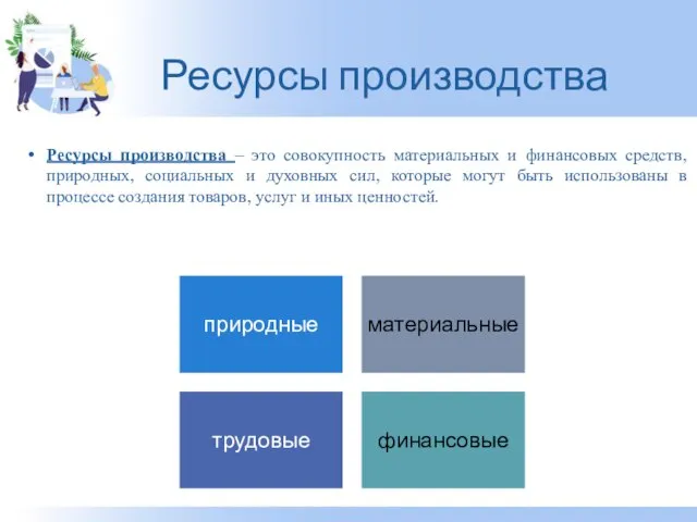 Ресурсы производства – это совокупность материальных и финансовых средств, природных, социальных