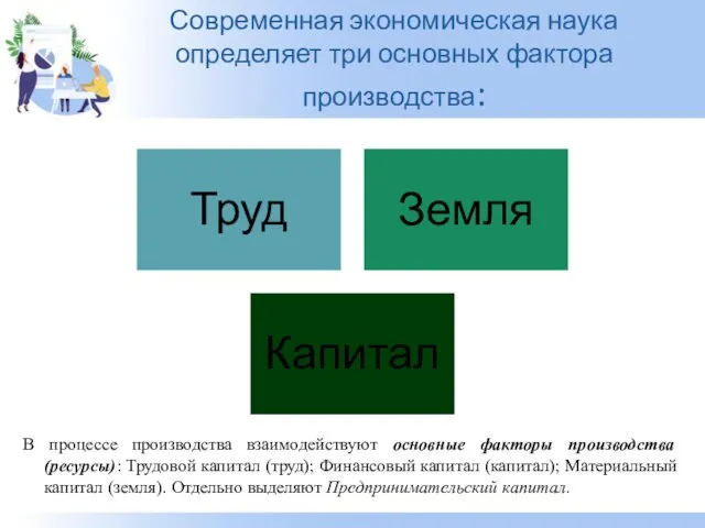 Современная экономическая наука определяет три основных фактора производства: В процессе производства