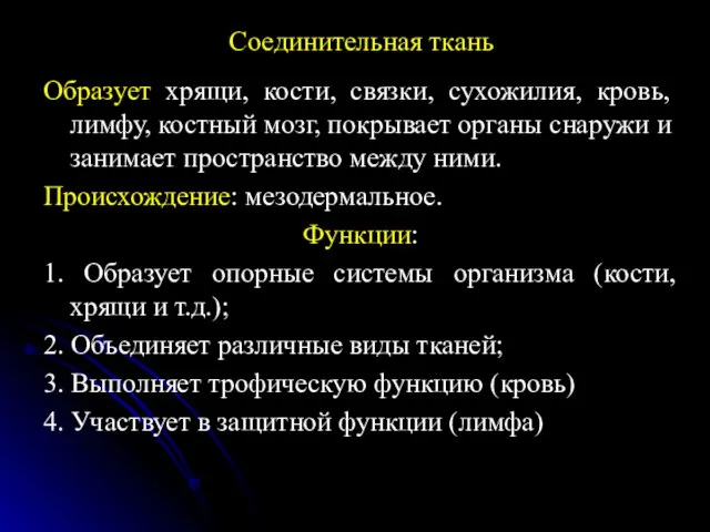 Соединительная ткань Образует хрящи, кости, связки, сухожилия, кровь, лимфу, костный мозг,