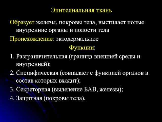 Эпителиальная ткань Образует железы, покровы тела, выстилает полые внутренние органы и