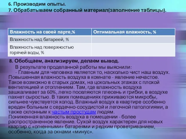 6. Производим опыты. 7. Обрабатываем собранный материал(заполнение таблицы). 8. Обобщаем, анализируем,