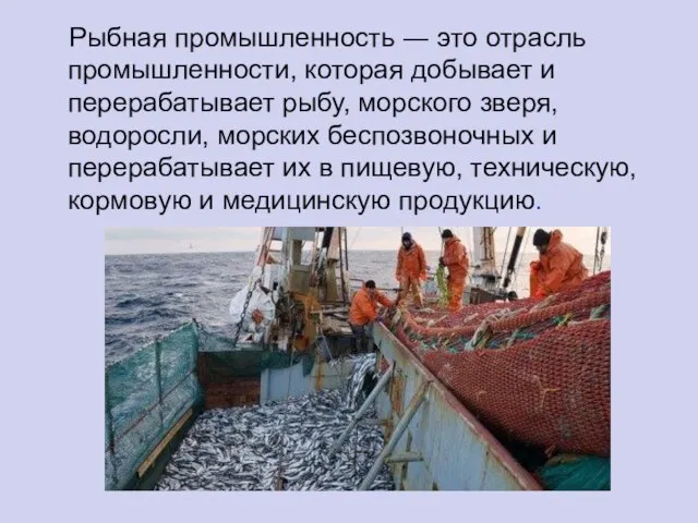 Рыбная промышленность ― это отрасль промышленности, которая добывает и перерабатывает рыбу,