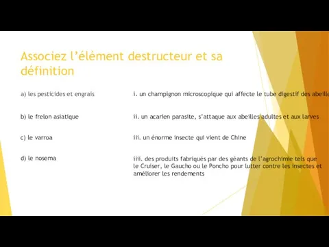 Associez l’élément destructeur et sa définition a) les pesticides et engrais