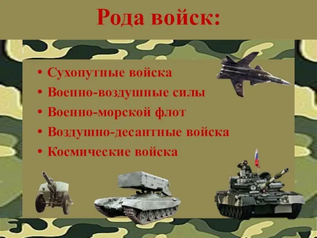 Рода войск: Сухопутные войска Военно-воздушные силы Военно-морской флот Воздушно-десантные войска Космические войска