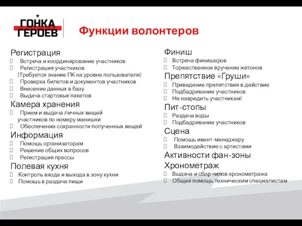 Функции волонтеров Регистрация Встреча и координирование участников Регистрация участников (Требуется знание