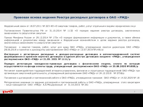 Правовая основа ведения Реестра расходных договоров в ОАО «РЖД» Федеральный закон