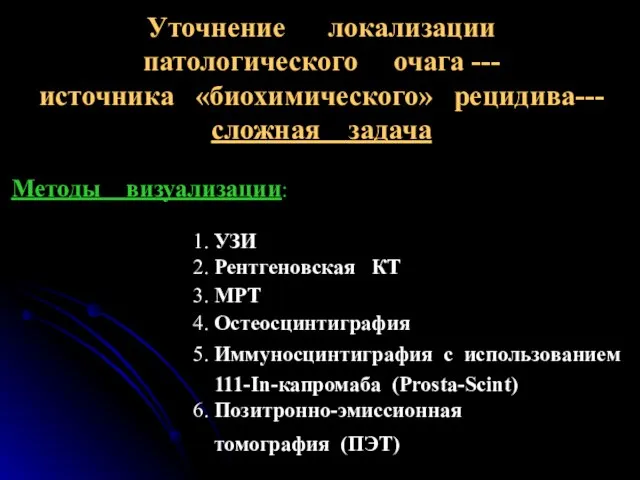 Уточнение локализации патологического очага --- источника «биохимического» рецидива--- сложная задача Методы