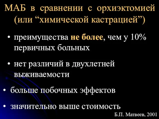 МАБ в сравнении с орхиэктомией (или “химической кастрацией”) преимущества не более,