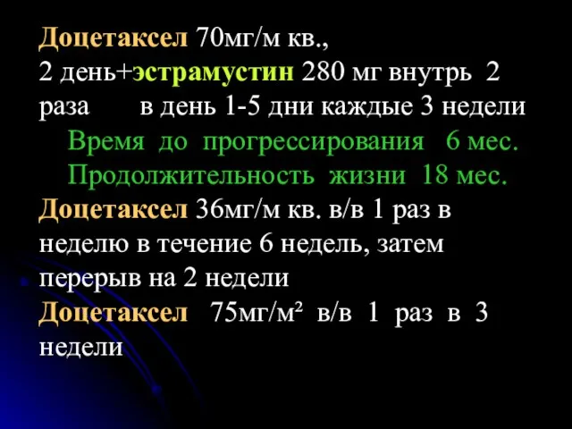 Доцетаксел 70мг/м кв., 2 день+эстрамустин 280 мг внутрь 2 раза в