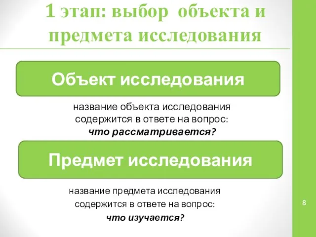 1 этап: выбор объекта и предмета исследования название предмета исследования содержится