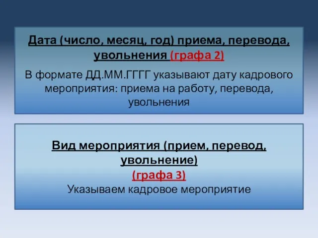 Дата (число, месяц, год) приема, перевода, увольнения (графа 2) В формате