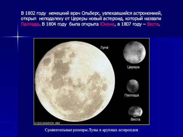 В 1802 году немецкий врач Ольберс, увлекавшийся астрономией, открыл неподалеку от